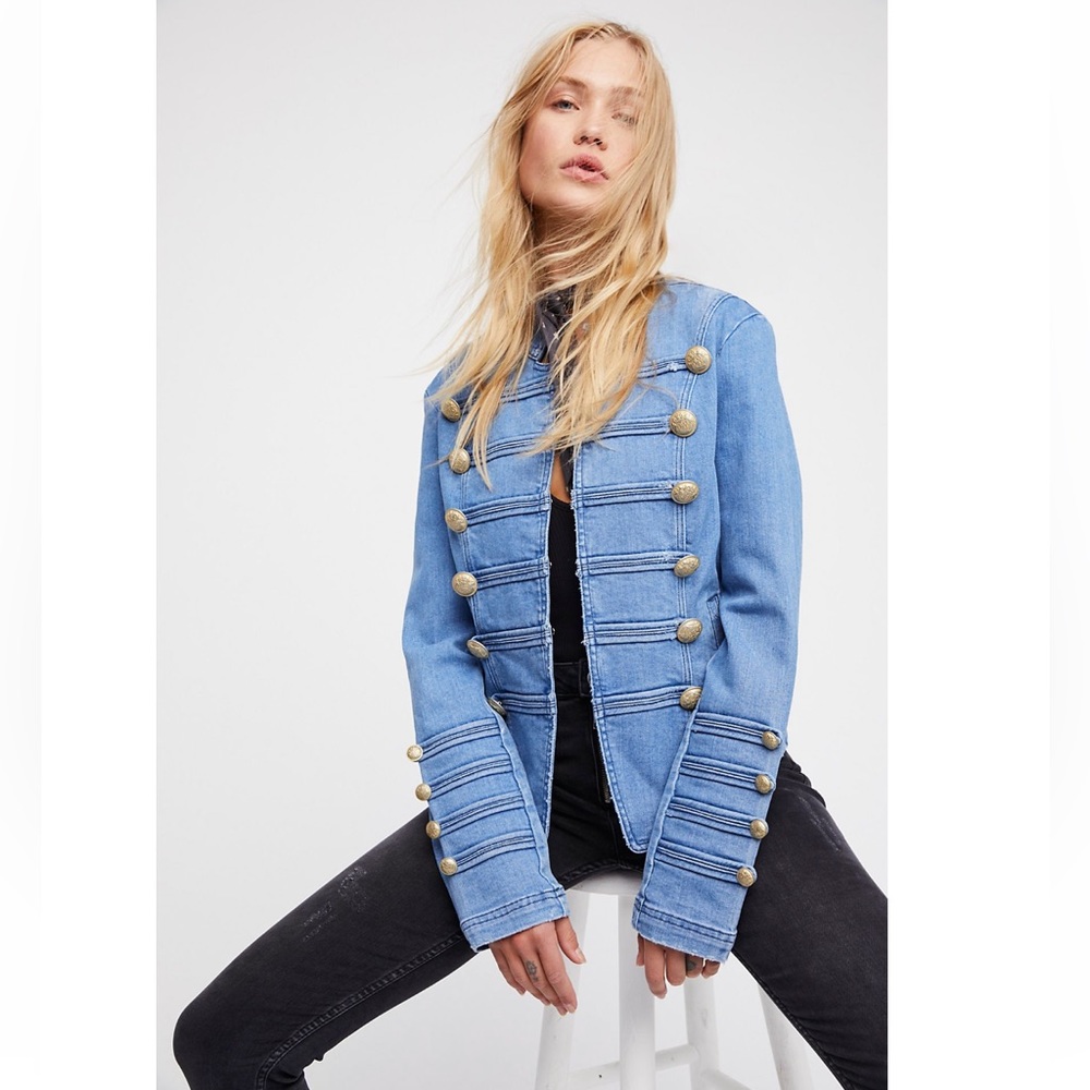 Free People Blue Jean Jacket Fitted Cropped Design